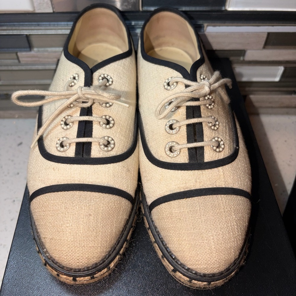 CHANEL Women's Canvas Sneakers - Cream and Black